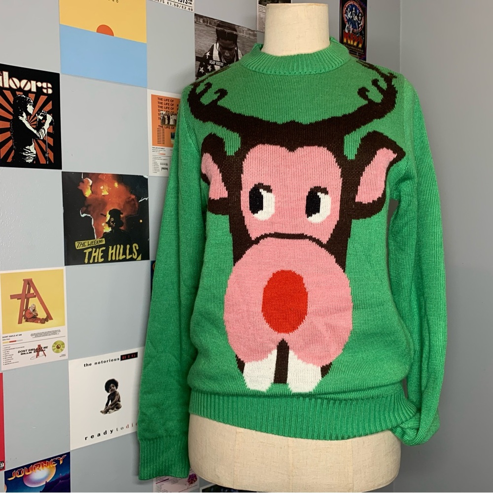 Tipsy Elves Reindeer Ugly Christmas Sweater Green Christmas Sweater Rudolph